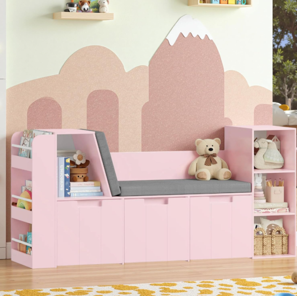 Pink children's reading corner toy bookshelf storage combination cabinet