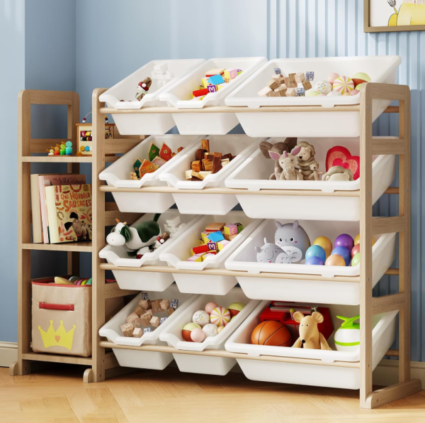 Children's toy storage rack with bookshelf and multiple fabric storage boxes